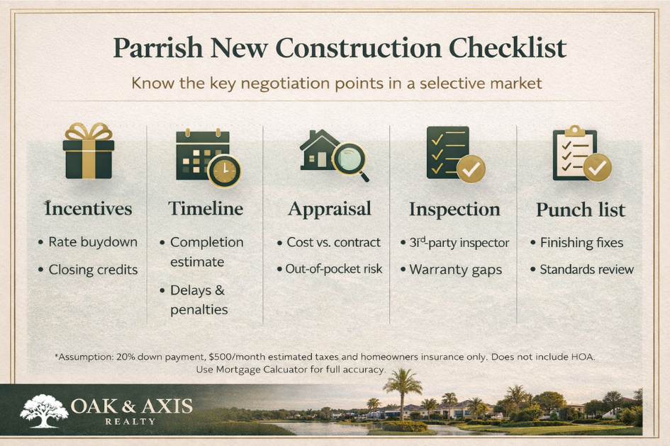 Parrish FL Real Estate Market new construction checklist incentives timeline appraisal inspection punch list